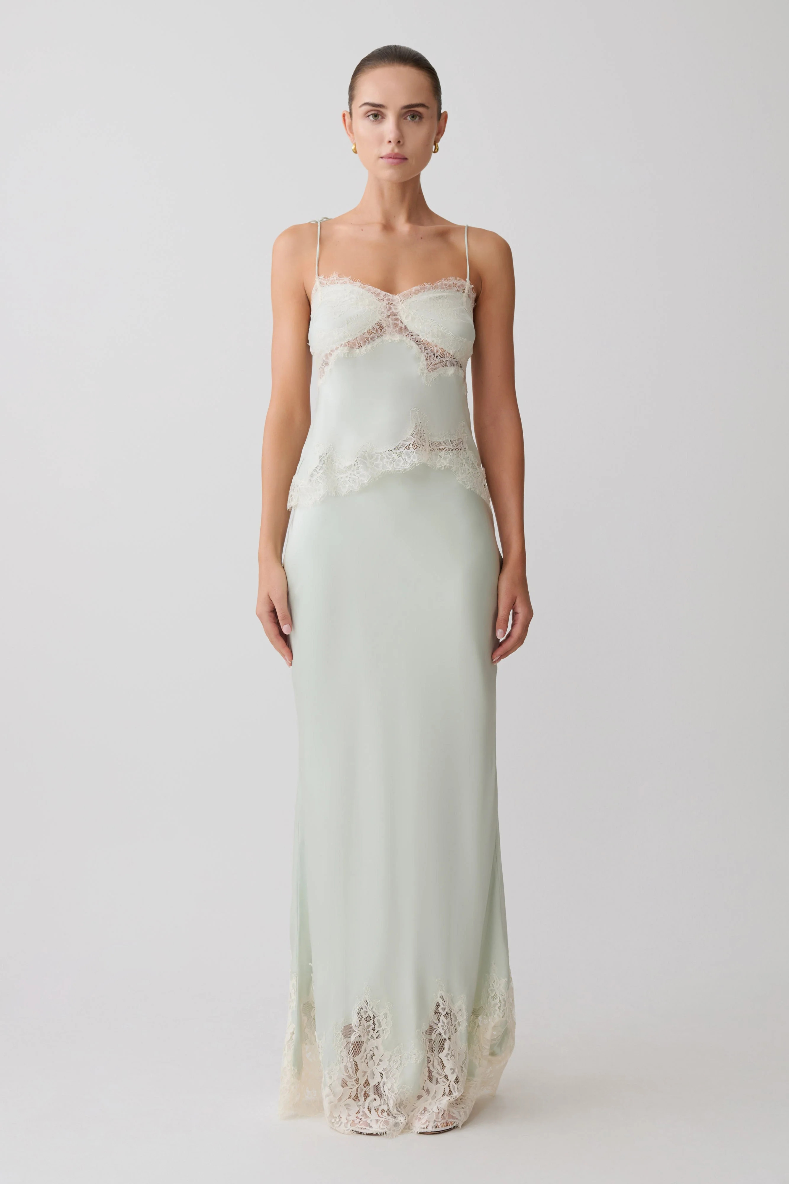 Nina Satin And Lace Maxi Skirt - Sage | Meshki UK