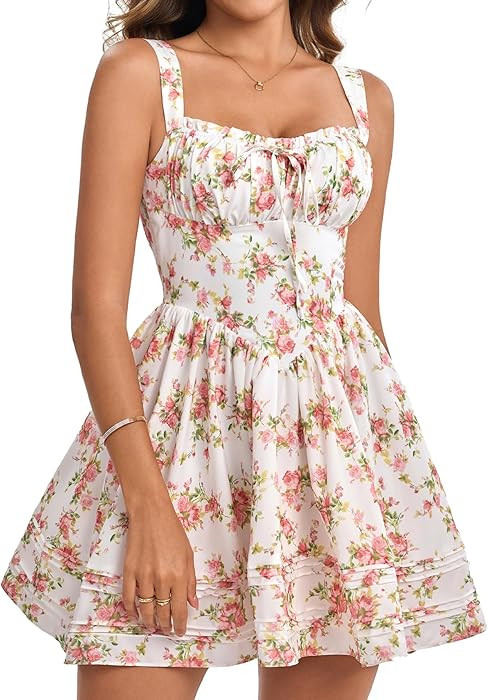 HTZMO Women Summer Casual Square Neck Mini Sundress Corset A Line Flowy Swing Cute Graduation Par... | Amazon (US)