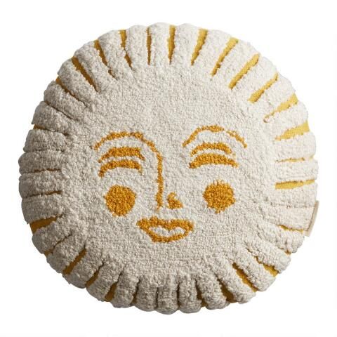 Round Ivory Tufted Sun Face Indoor Outdoor Throw Pillow | World Market