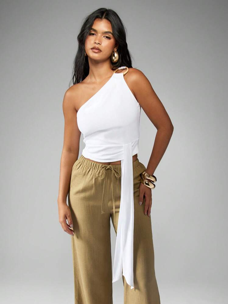 MISSGUIDED Asymmetric One Shoulder Bamboo Ring Detail Crop Top Summer Beach Party Club Festival Evening Elegant Sleeveless Fashion Statement Piece | SHEIN