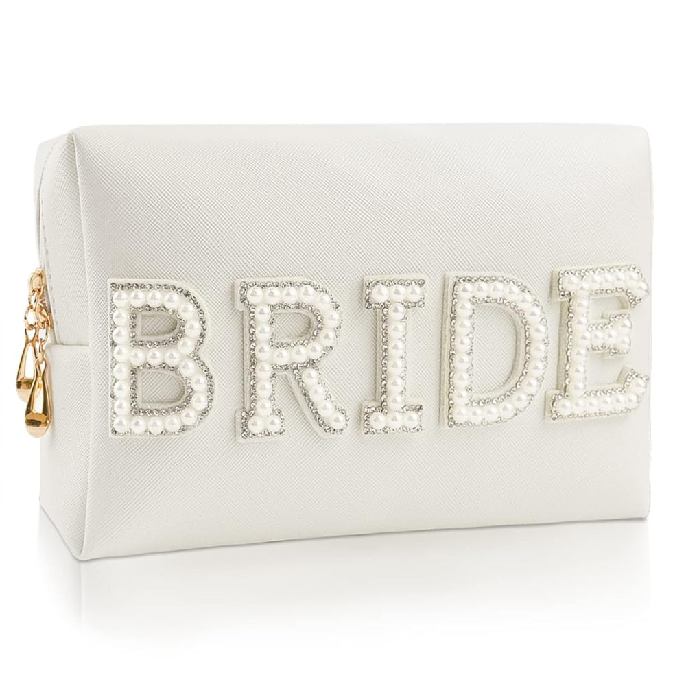Bride Patch Letter Makeup Bag for Women Bridesmaid Engagement Gift for Her White Pearl Rhinestone... | Amazon (US)