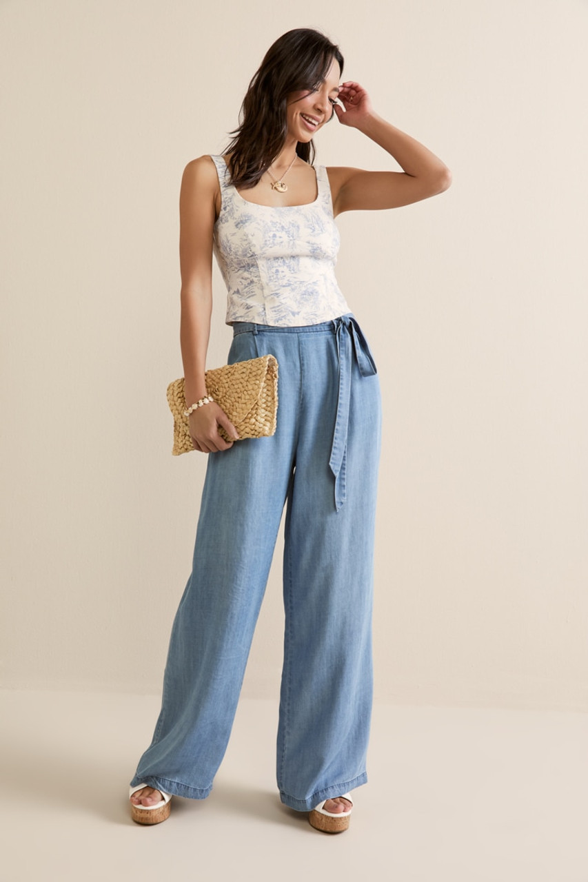 Elaine Chambray Tie Waist Fluid Pants | Francesca's
