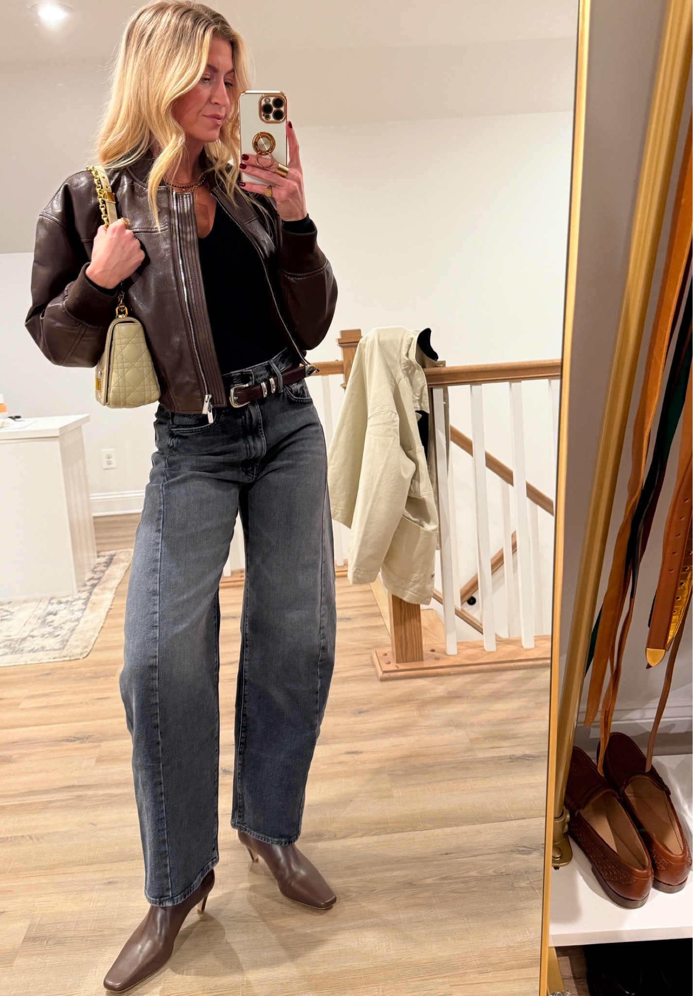Date night outfit mixing browns and black. 
Denim: runs TTS
Bodysuit: TTS, order up if in between sizes 
Boots: TTS (so comfortable! Low heel) 
Jacket: TTS, wearing a S

#LTKSeasonal #LTKBeauty #LTKStyleTip