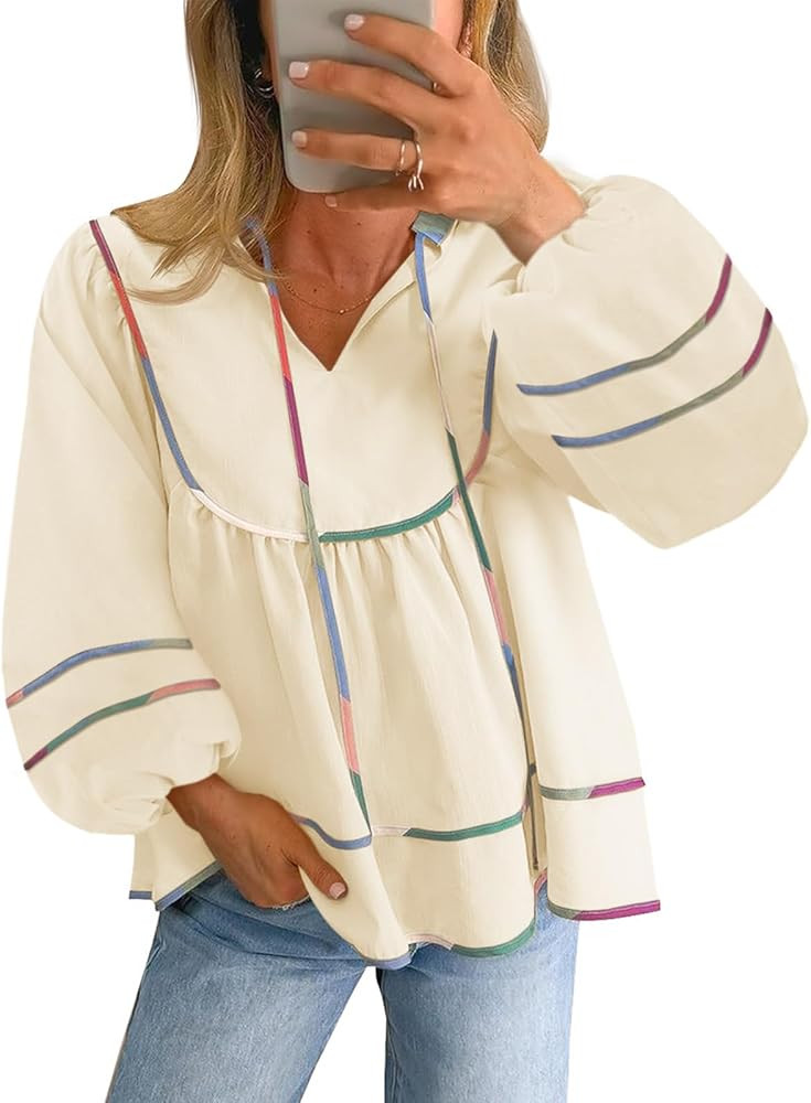 Cicy Bell Womens Long Sleeve Peplum Tops Flowy Babydoll Blouses Cute Loose Fit V Neck Shirts | Amazon (US)