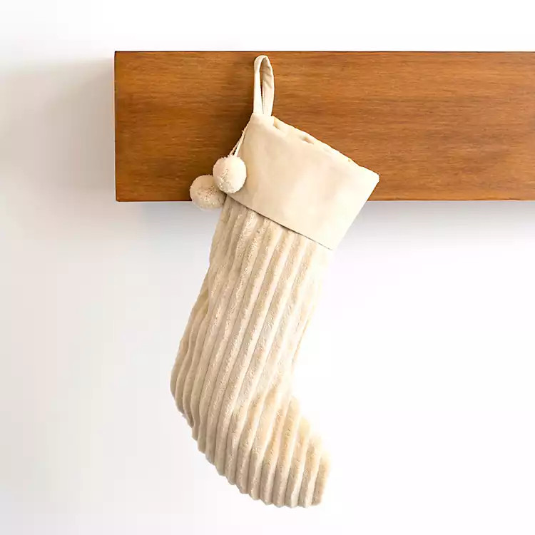Cream Ribbed Velvet Pom-Pom Stocking | Kirkland's Home