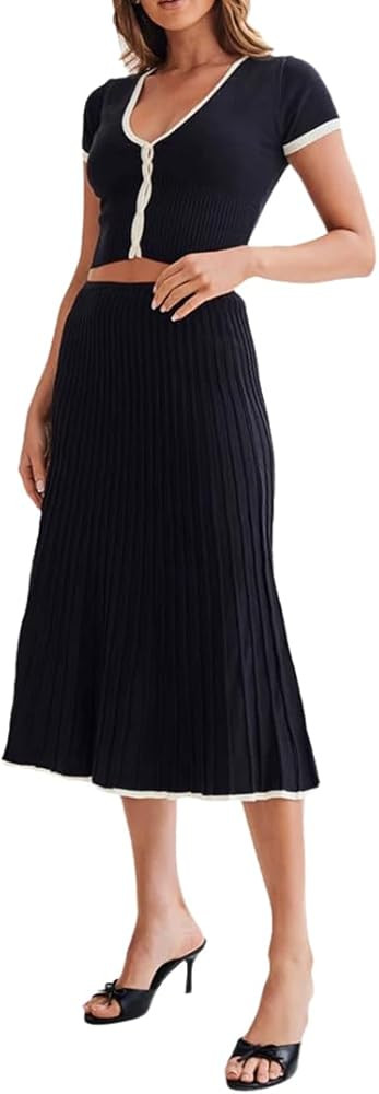THLAI Women's 2 Piece Casual Knit Sets Cap Sleeve Cardigan Top Midi Pleated Skirt Solid Lounge Ou... | Amazon (US)