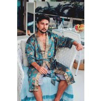 Boho Green & Gold Silky Kimono Robe For Men ~ Pajama Or Lounge Handmade in Bali Gift Him Festival Loungewear Burning Man | Etsy (US)