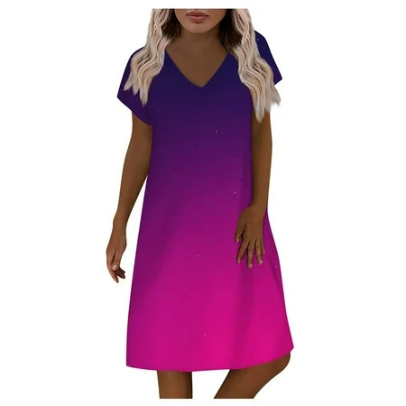 COFEST Women s Plus Size Comfy A Line Dress Clearance Gradient Color 2023 Summer Short Sleeve V Neck | Walmart (US)