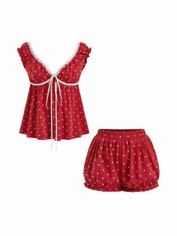 Woven Cotton Polka Dot Bowknot Top & Mid Rise Shorts Loungewear Set For Home Bedroom | Cider