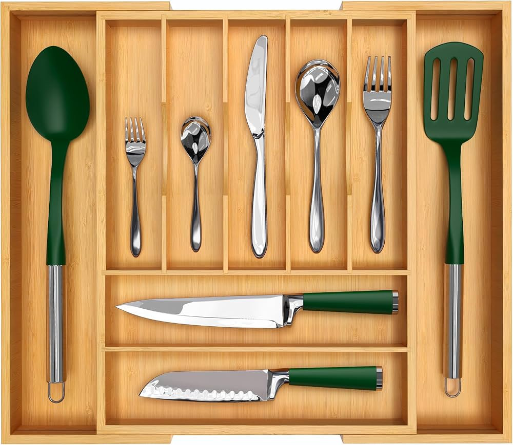 Luxury Bamboo Kitchen Drawer Organizer - Silverware Organizer - Utensil Holder and Cutlery Tray w... | Amazon (US)
