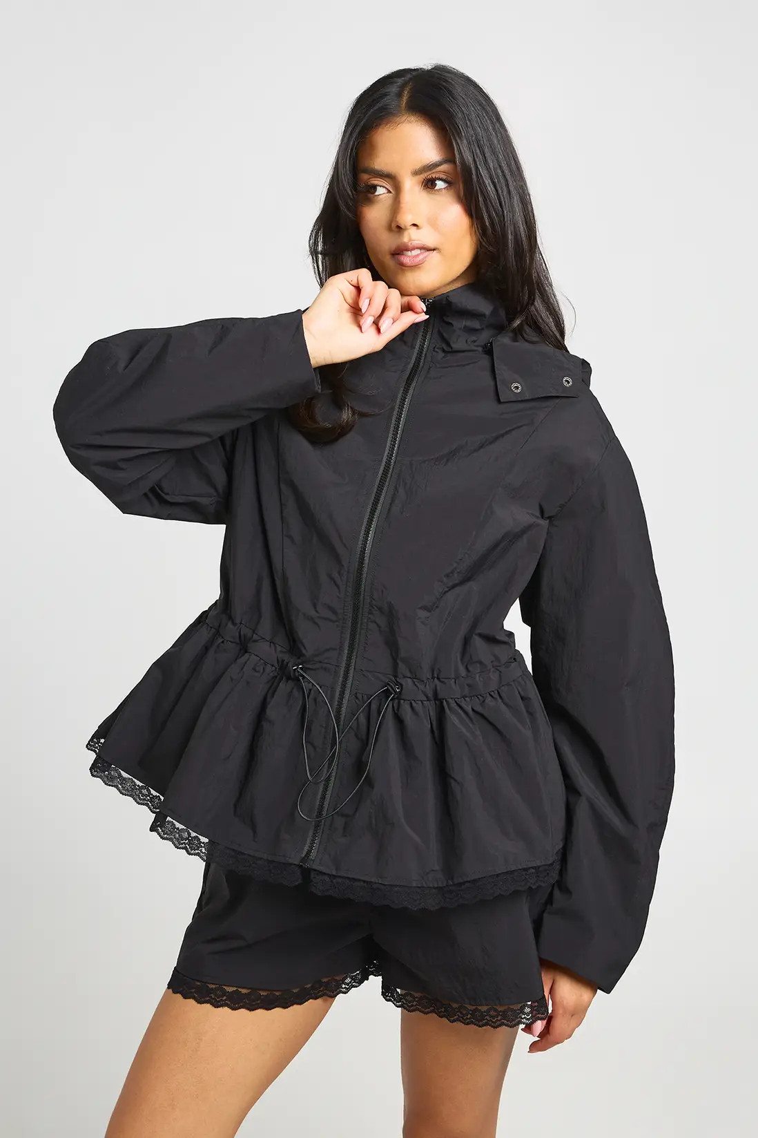 Black Funnel Neck Lace Trim Hem Jacket | Boohoo USA | boohoo (US & Canada)