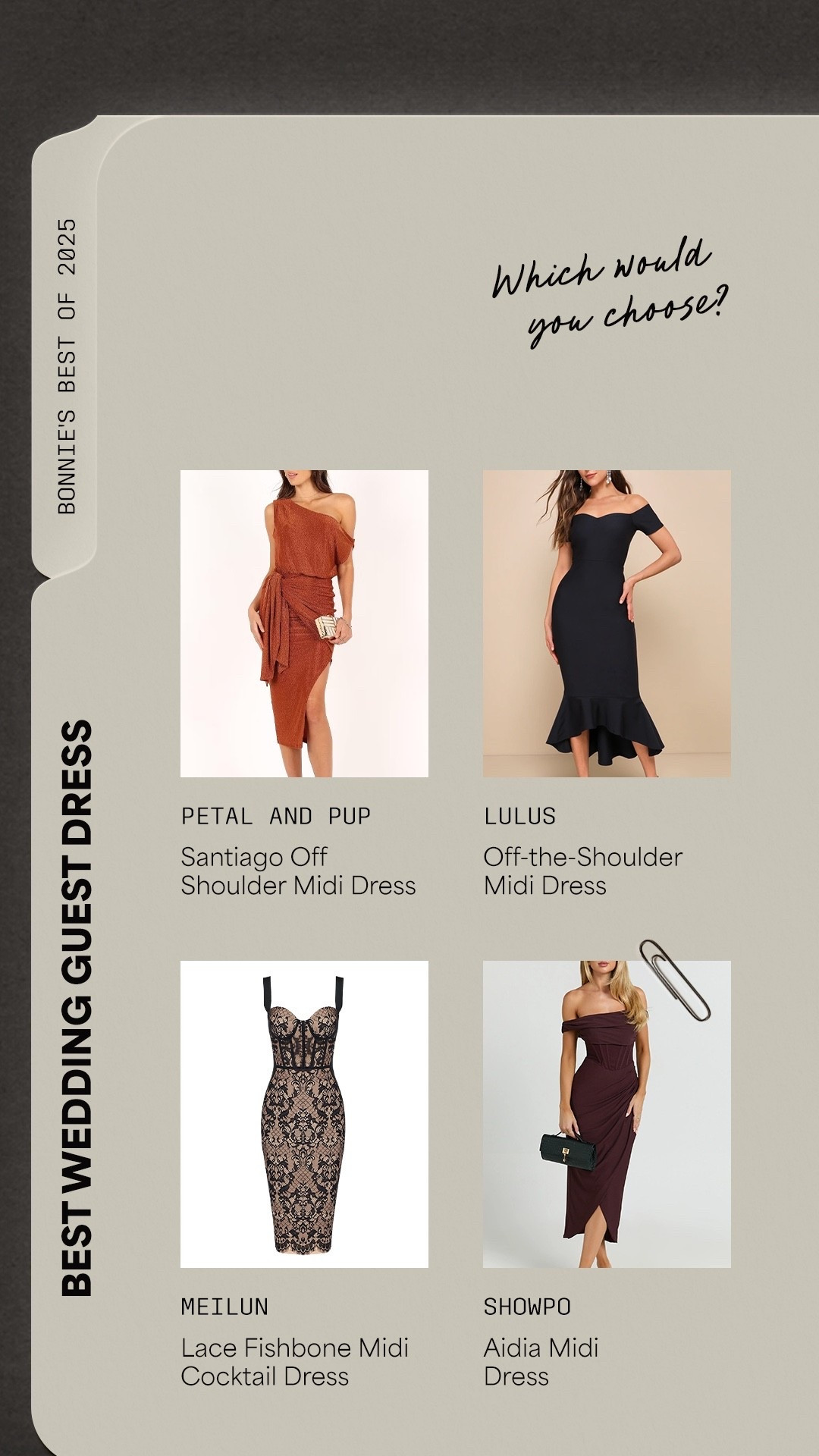 My best of 2025- best wedding guest dress! Which would you choose? Petal and Pup Santiago Off The Shoulder Midi Dress, Lulus Off the Shoulder Midi Dress, Amazon Meilun Lace Fishbone Midi Cocktail Dress, Showpo Aidia Midi Dress

Women’s fashion, winter fashion, winter style, winter outfits, holiday fashion, holiday style, midsize fashion, midsize style, wedding guest dress, cocktail dress, midi dress, off the shoulder dress



#LTKMidsize #LTKWedding #LTKHoliday