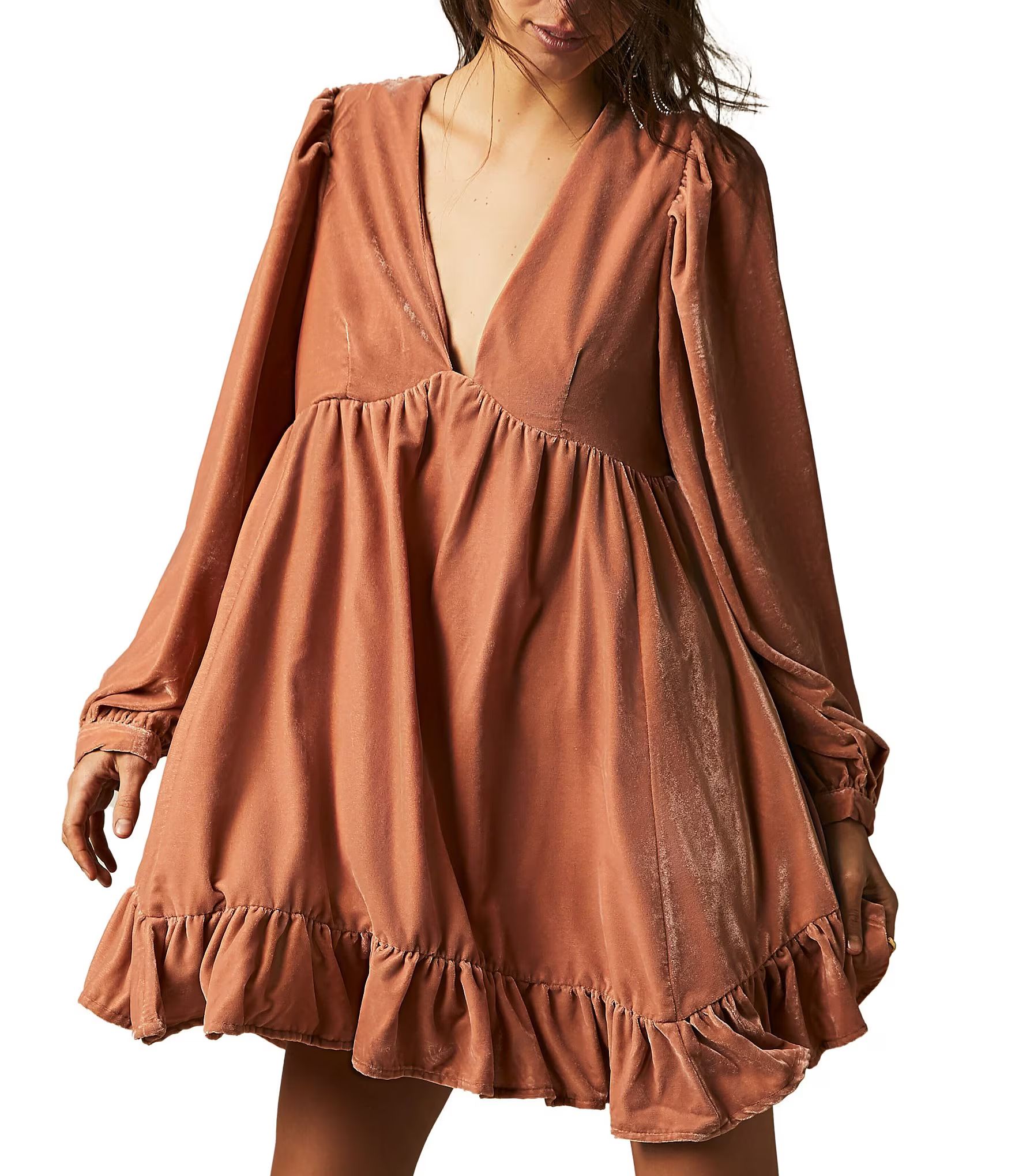 Estella Velvet V-Neck Long Sleeve Ruffle Babydoll Mini Dress | Dillard's