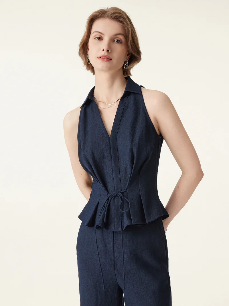 Collared V-neck Pleated Sleeveless Top with Drawstring | OGLmove