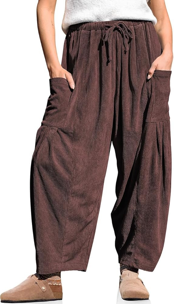 TARSE Womens Corduroy Pants Barrel Casual Loose Baggy Drawstring Wide Leg Palazzo Harem Pants wit... | Amazon (US)