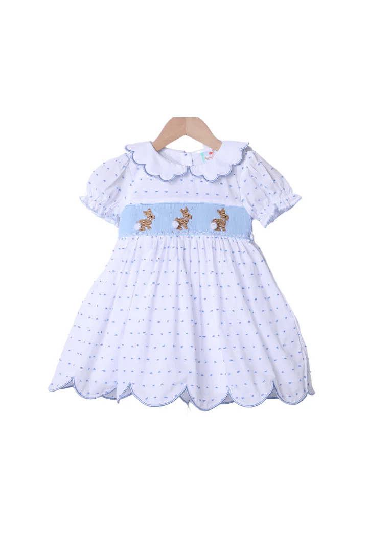 Smocked Swiss Dot Blue Bunny Dress | The Smocked Flamingo
