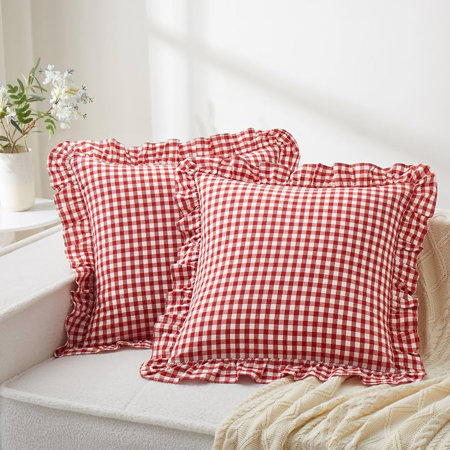 KKJIAF Ruffle Gingham Pillow Covers 26 x 26 Inches, Cotton Plaid Euro Sham Pillow Covers Set of 2... | Amazon (US)