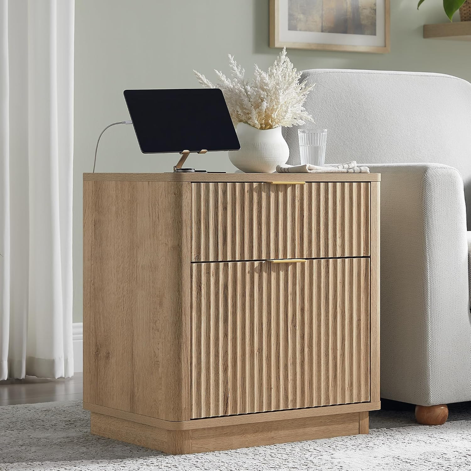 T4TREAM 23'' Fluted Nightstand with Charging Station, Large 2 Drawer Bedside Table, Modern End Ta... | Amazon (US)