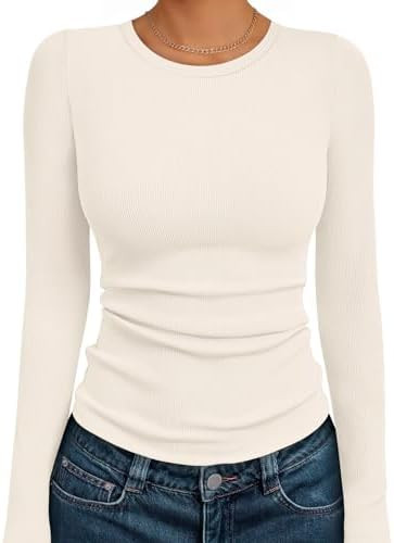 AUTOMET Women's Ribbed Long Sleeve Basic Top - Soft Stretch Crewneck Shirt for Work & Casual | Amazon (US)
