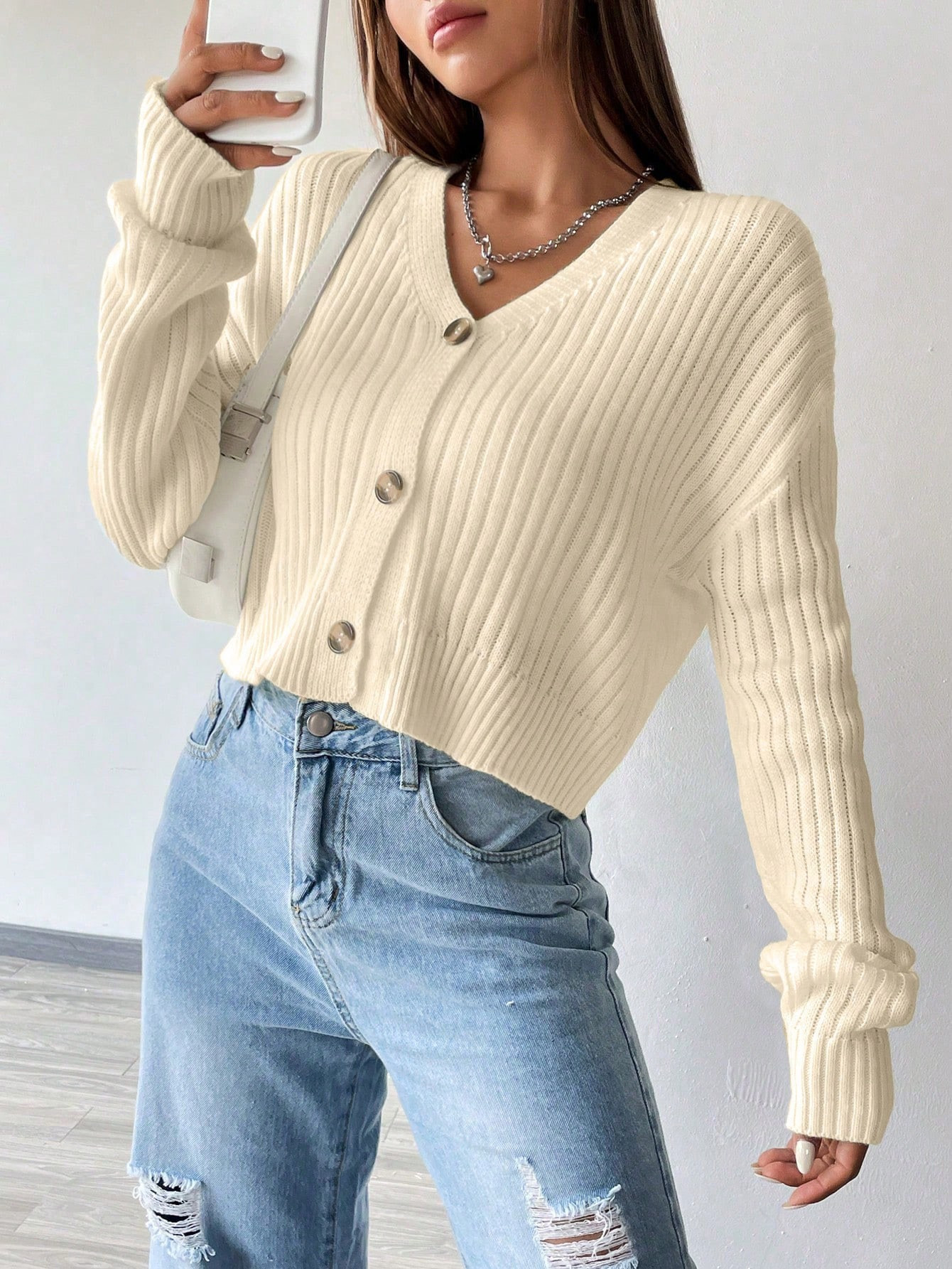 SHEIN MOOSTA Women's V-Neck Button-Down Long Sleeve Casual Solid Color Lightweight Cardigan | SHEIN