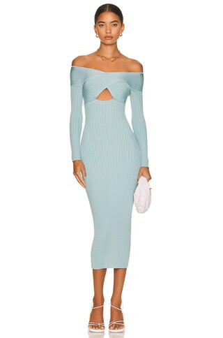 self-portrait Ribbed Knit Crossover Bust Midi Dress in Light Blue | FWRD | FWRD 