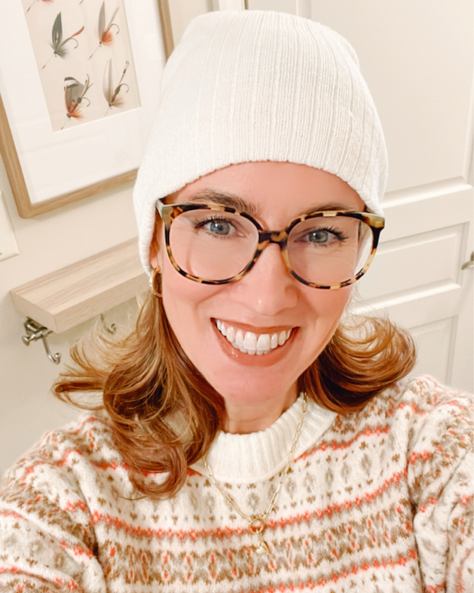 Women's Winter Outfit - Wearing Soft Cozy Crewneck Sweater that is under $15 - and my gold heart charm necklace, gold hoop earrings and Glasses.  Home Decor - Better Homes and Garden Floating Shelf, Satin Nickel Coat Wall coat hooks and Fishing Lure print in Target washed Oak Frame. #target #walmart #ae #winteroutfits #wintersales #homedecor #styleover40 #over50style #cozysweaters

#LTKSaleAlert #LTKOver40 #LTKFindsUnder50