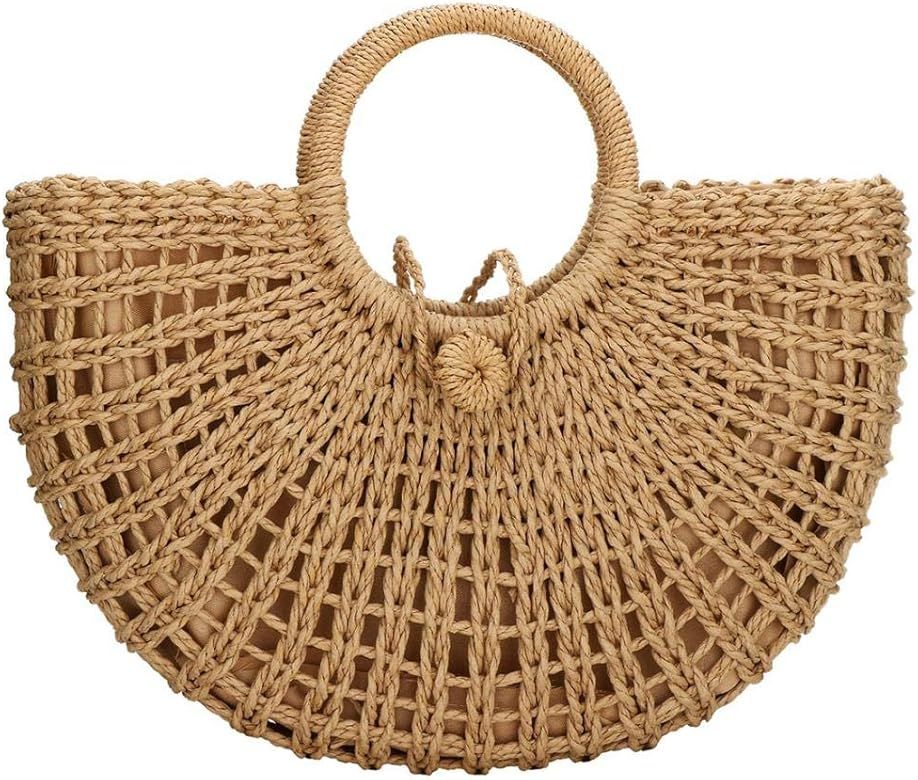 Straw Bags for Women,Hand-woven Straw Top-handle Bag with Round Ring Handle Summer Beach Rattan Tote | Amazon (US)