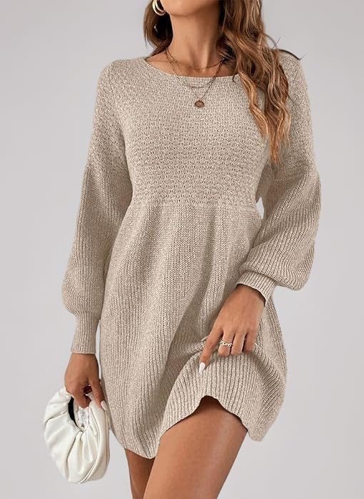 Saodimallsu Damen Rundhals Strickkleid Puff\u00e4rmel A-Linie | Amazon (DE)