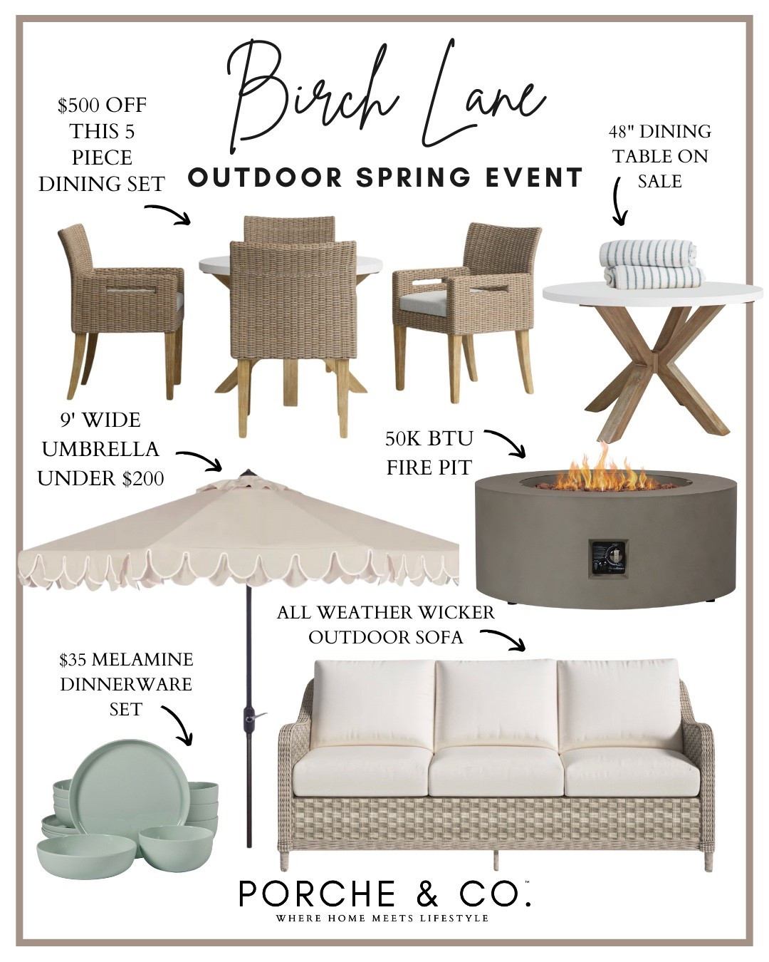 Birch Lane outdoor event with tons of gorgeous patio items on sale at amazing prices- fire pit, outdoor sofa, umbrella, dining chair set and melamine dish set 🏡🤍

#LTKHome