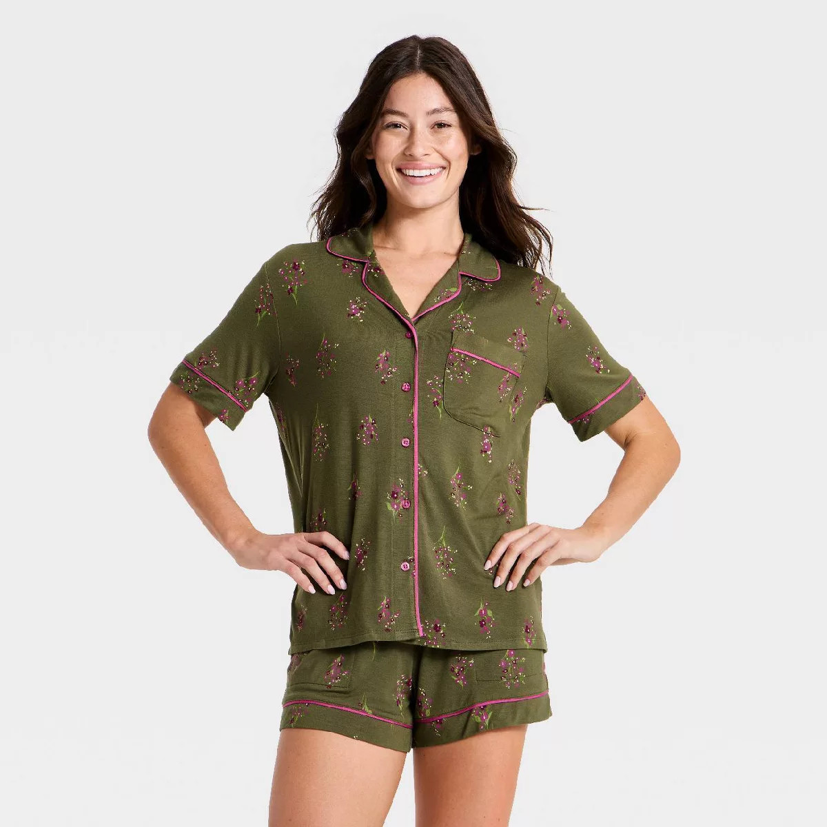 Women's Cloud Knit Modal Short Sleeve Notch Collar Top and Shorts Pajama Set - Auden™ Olive Gre... | Target