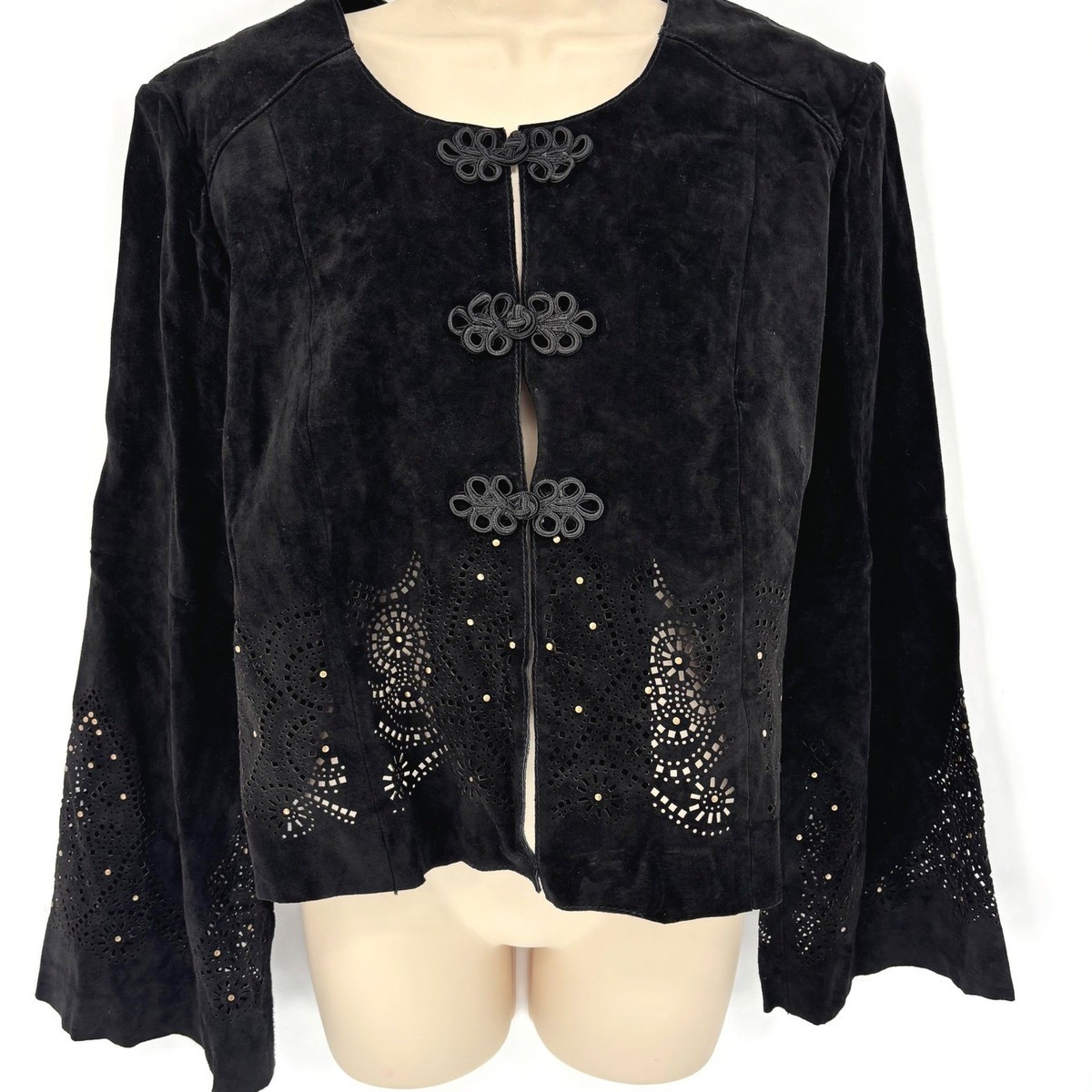 Spiegel Black Suede Leather Laser Cut Perforated Frog Closure Jacket Sz 14 | eBay US
