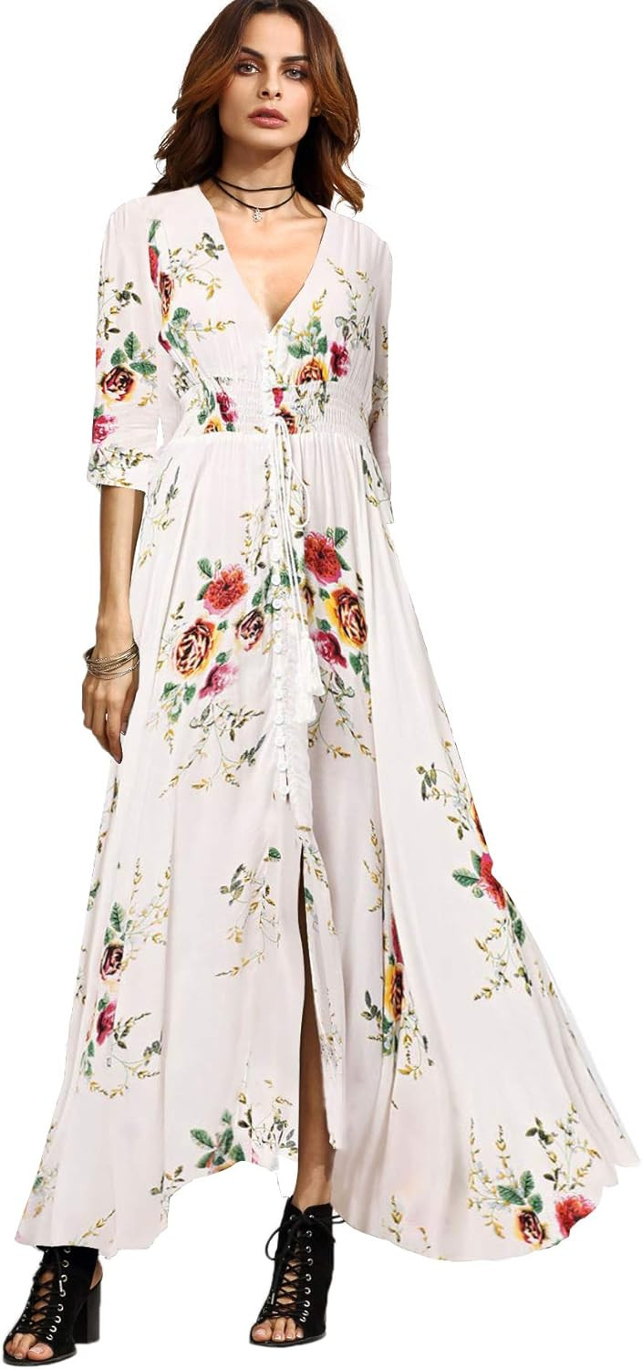 Milumia Women's Button Up Split Floral Print Flowy Party Maxi Dress | Amazon (US)