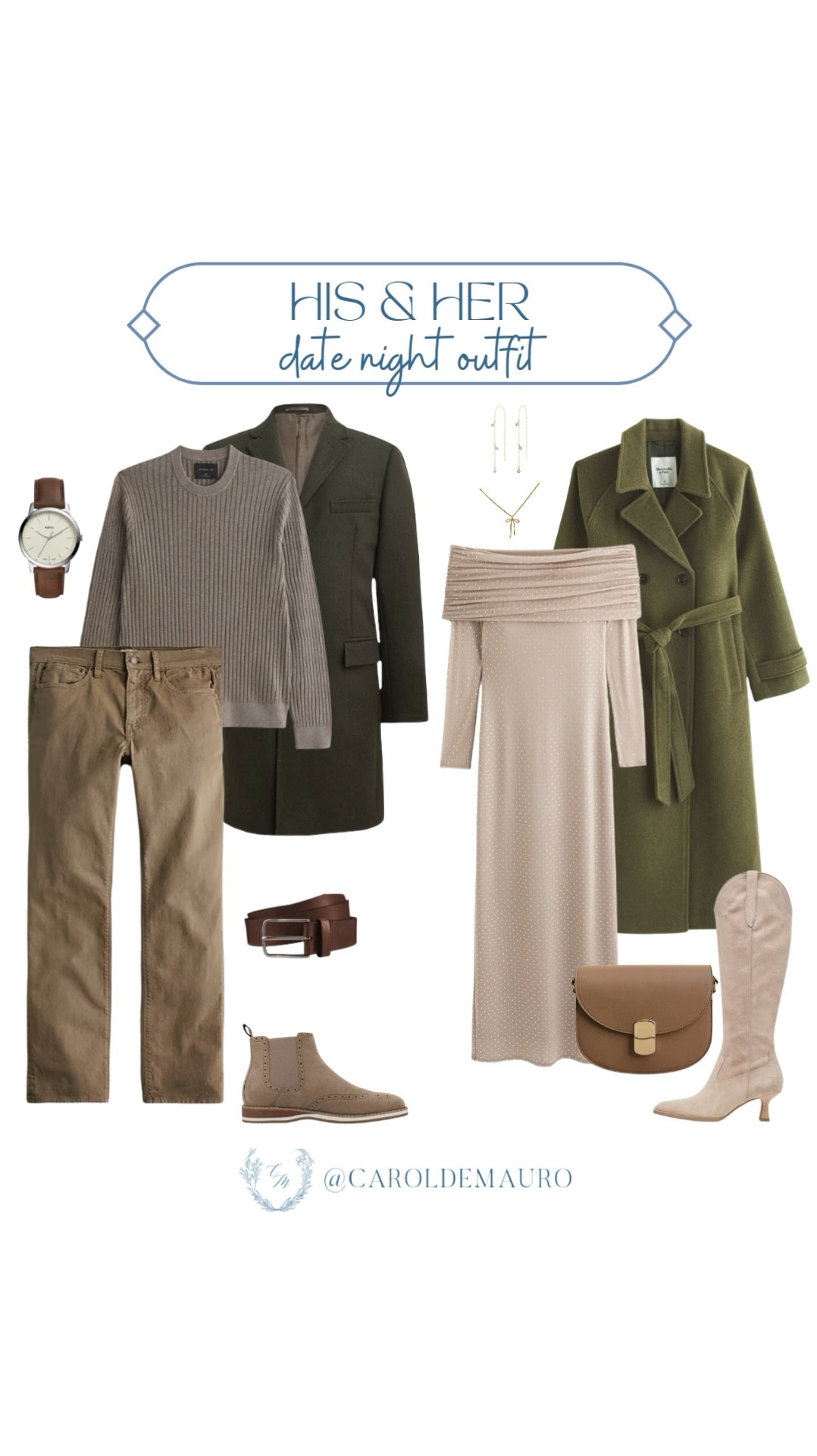 Rocking a neutral and olive green combination for date night. Try out this his and her styling with a nude gray sweatshirt, brown khaki pants, and a green blazer coat for the gentleman and an off-shoulder dress layered with a long belted coat and knee-high suede boots for the lady.
#vacationinspo #casualchic #mensfashion #petitestyle

#LTKStyleTip #LTKMens #LTKSeasonal
