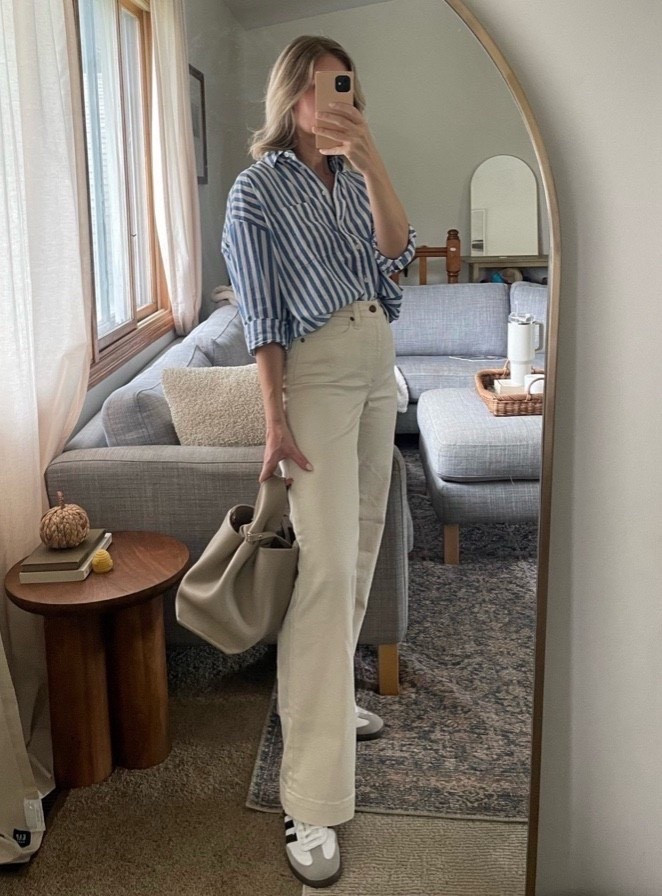 Love a good striped shirt moment - #whitejeans #creamjeans #stripedbuttondown #workoutfit #momoutfit #adidas #widelegpants

#LTKCyberWeek #LTKootd #LTKmomlife