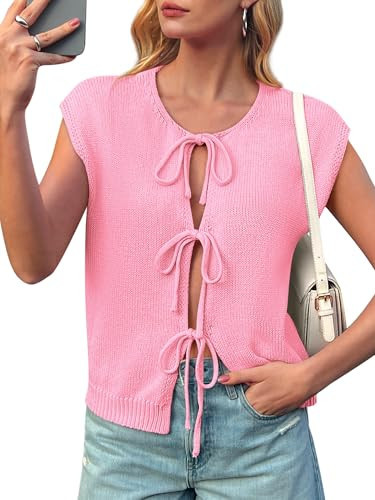 Yousify Sleeveless Sweater Tops for Women Crewneck Tie Front Crochet Sweaters Vests Hot Pink S | Amazon (US)