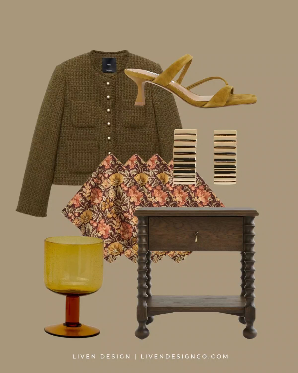 New discoveries. Style inspiration. Olive green cardigan. Lady sweater. Amber wine glasses. Olive green heels. Suede heels. Spindle nightstand. Side table. Gold hoop earrings. Fall napkins. Home decor 

#LTKSeasonal #LTKHome #LTKSaleAlert