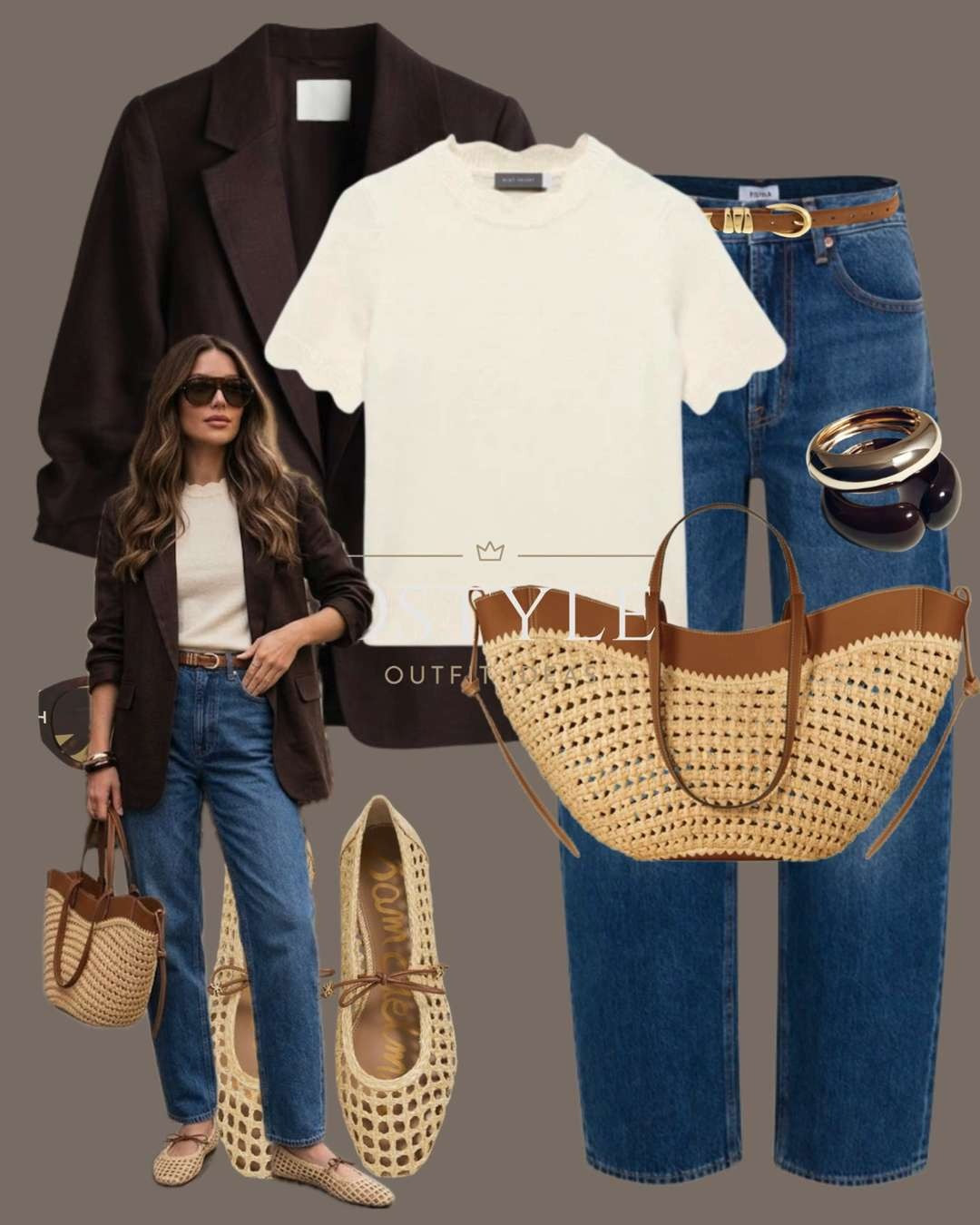 Chocolate Tones + Woven Textures 🍫🧺
Obsessed with this mix! From the scalloped-edge knit to the raffia accessories, every detail adds such a refined touch to everyday denim. Perfect for a lunch date or coffee run.

#TransitionalStyle #QuietLuxury #BlazerOutfit #ChocolateBrown #CapsuleWardrobe #WovenFlats #StrawBag #EverydayChic #DenimStyle #SpringFashion 

 

#LTKootd