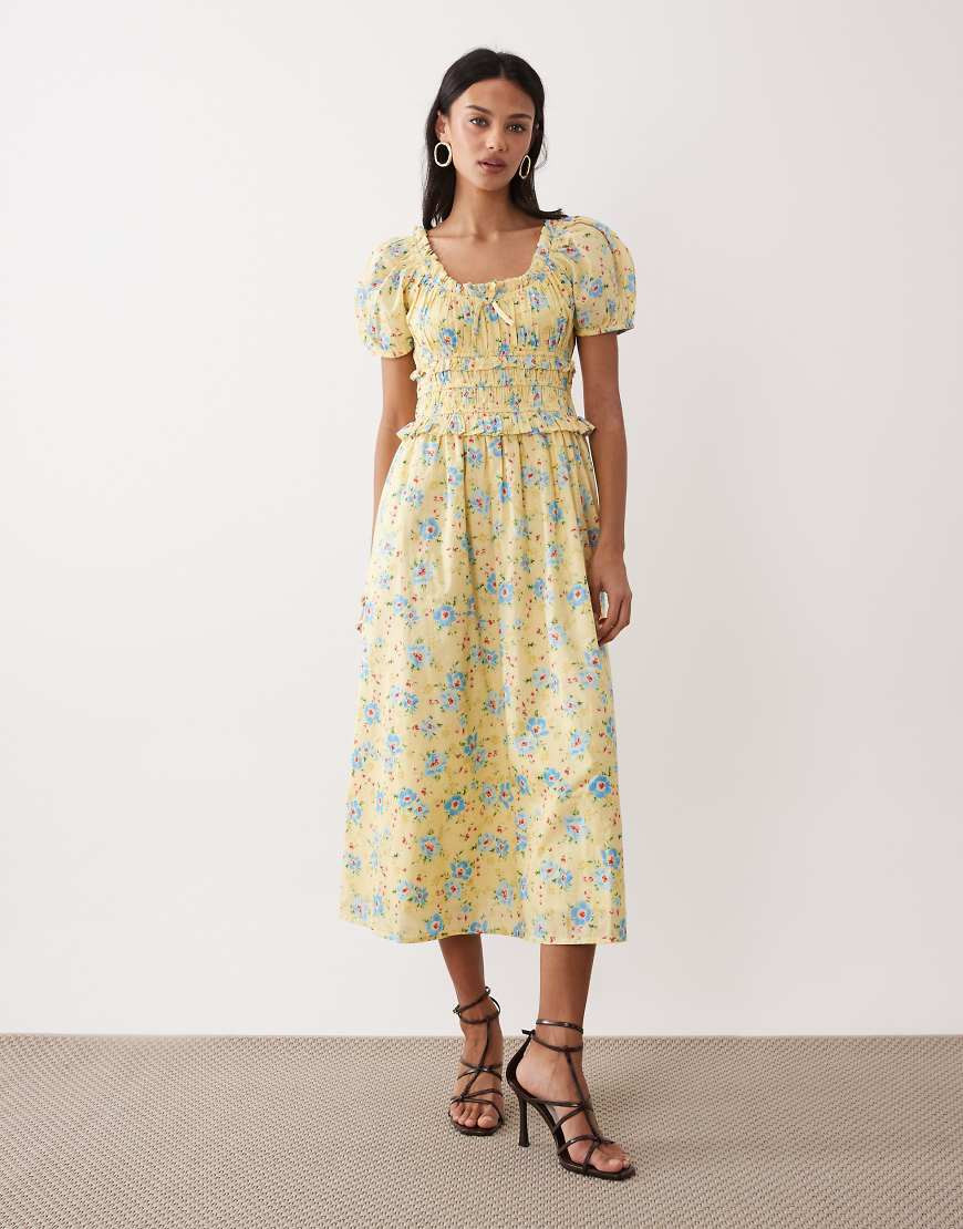 Nobody's Child Ariel milkmaid midi dress in lemon floral print-Yellow | ASOS (Global)