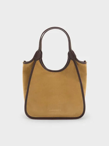 Sahara Sand Mini Sianna Recycled Suede Contrast-Trim Tote Bag | CHARLES & KEITH | Charles & Keith CA