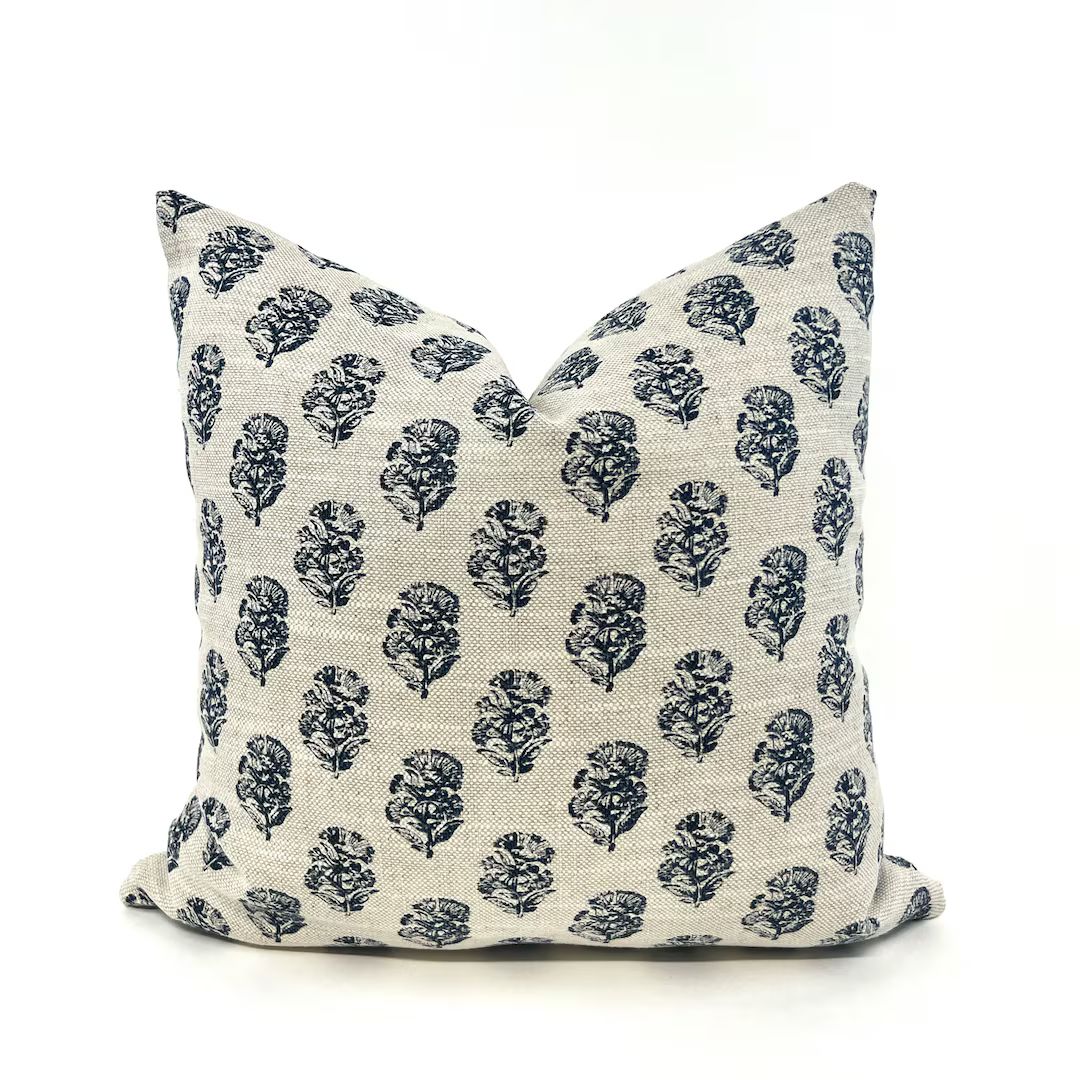Blue Floral Block Linen Blend Pillow Cover - Etsy | Etsy (US)