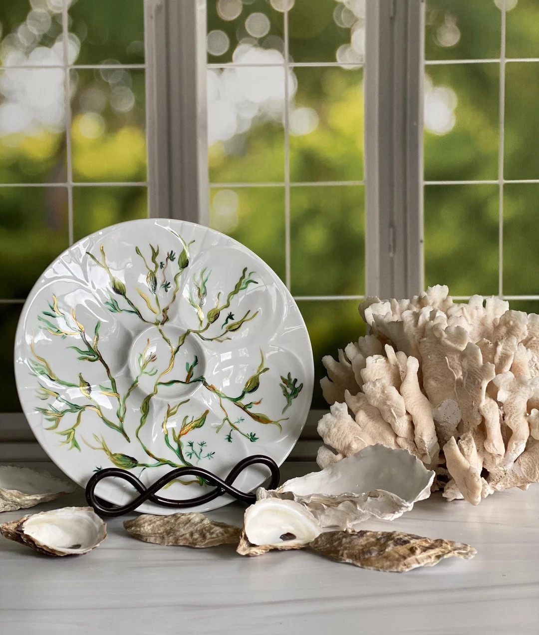 Hand Painted Seaweed Kelp Porcelain Oyster Plate Coastal Decor Oysters on the Half Shell by Artis... | Etsy (US)