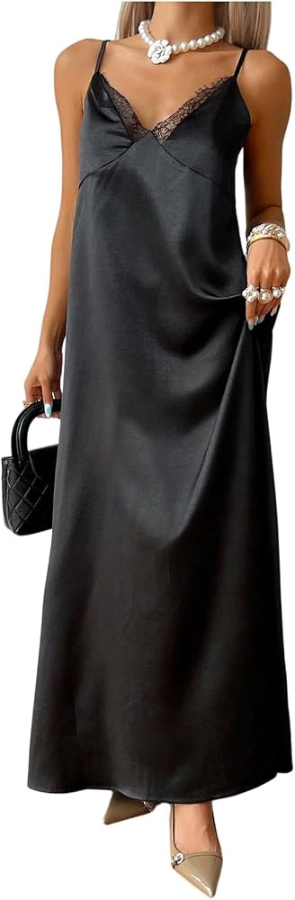 BEAUDRM Women's Elegant Satin Slip Dress Lace Trim V Neck Spaghetti Strap Maxi Sundress | Amazon (US)