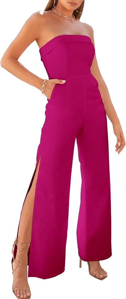 Prinbara Women's Jumpsuits Dressy Strapless 2024 Summer Off Shoulder High Waist Wide Leg Slit Lon... | Amazon (US)