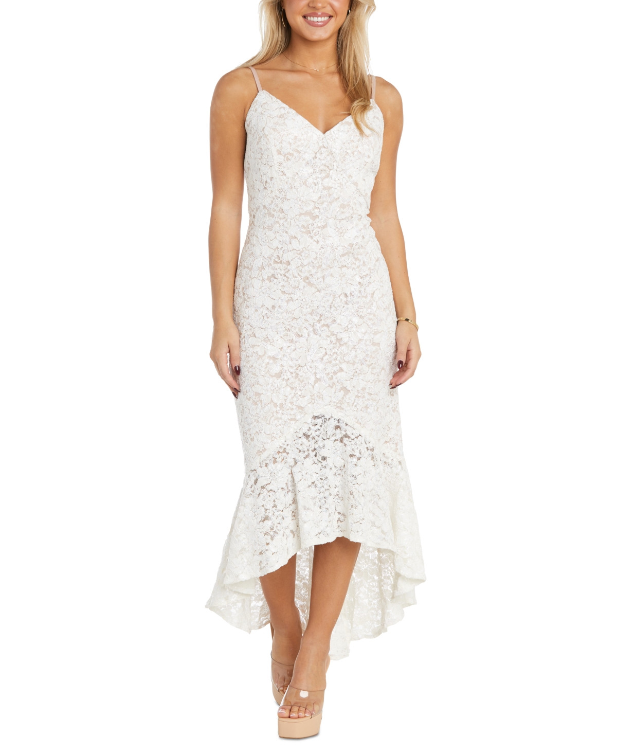 Nightway Women's Adjustable-Strap Flounce-Hem Lace Dress | Macys (US)