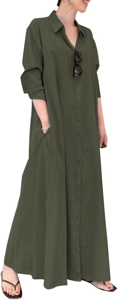 Women's Loose Fit Long Sleeve Button Up Maxi Shirt Dress with Pockets Abaya Dresses | Amazon (US)