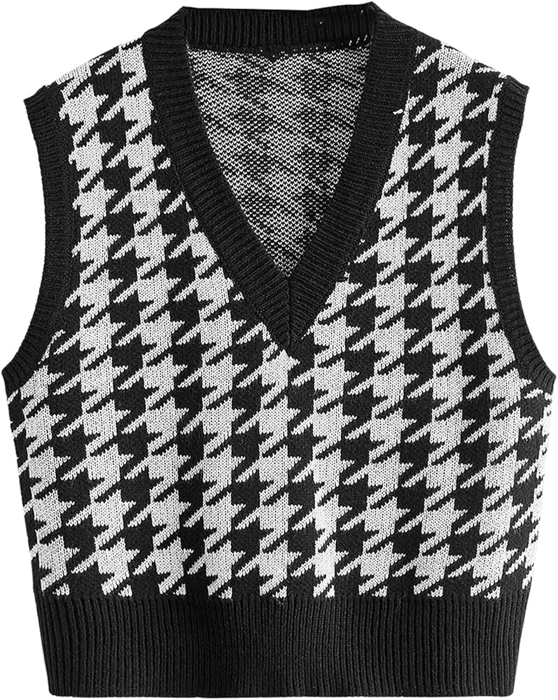 SweatyRocks Women's Sleeveless V Neck Knit Sweater Vest Houndstooth Crop Tank Top | Amazon (US)