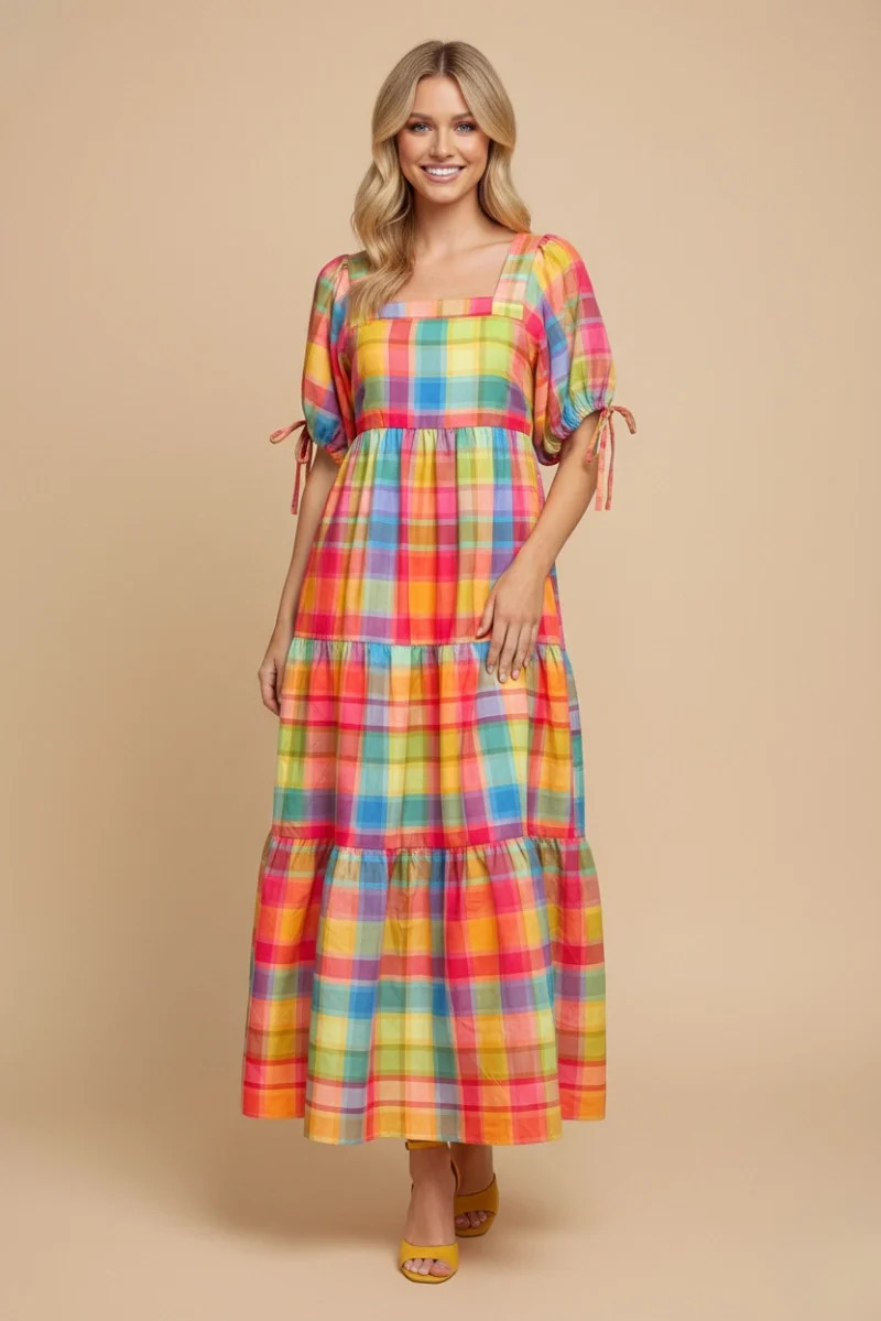 Colorful Checker Puff Sleeve Maxi Dress | Shop.app