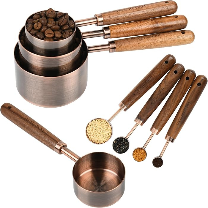Measuring Cups and Spoons Set with Wood Handle, Stainless Steel Measuring Cup and Spoons Set, Cop... | Amazon (US)