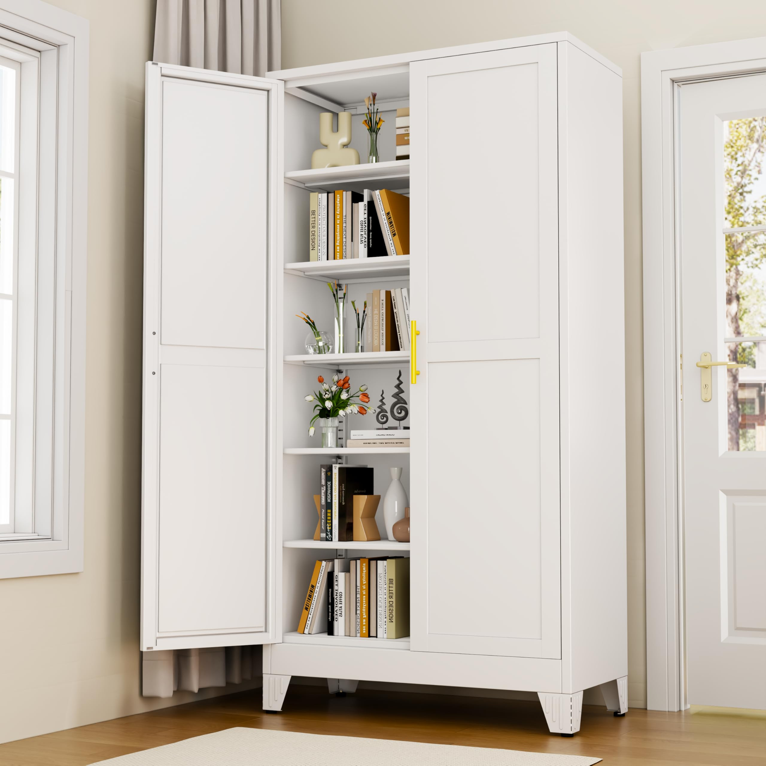 White Metal Storage Cabinet,75" Steel Cabinets for Home Office, Kitchen Pantry Storage Cabinet wi... | Amazon (US)
