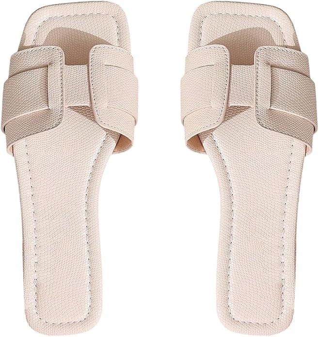 OYOANGLE Women's PU Leather H Band Flat Sandals Square Toe Slip On Slides Dressy Shoes | Amazon (US)